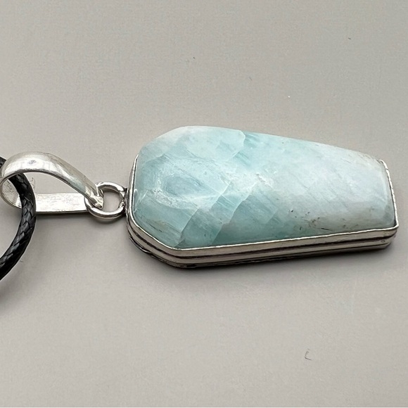 New Light Blue Hemimorphite Stone Coffin Shaped Silver Pendant Necklace w Cord - Picture 2 of 4